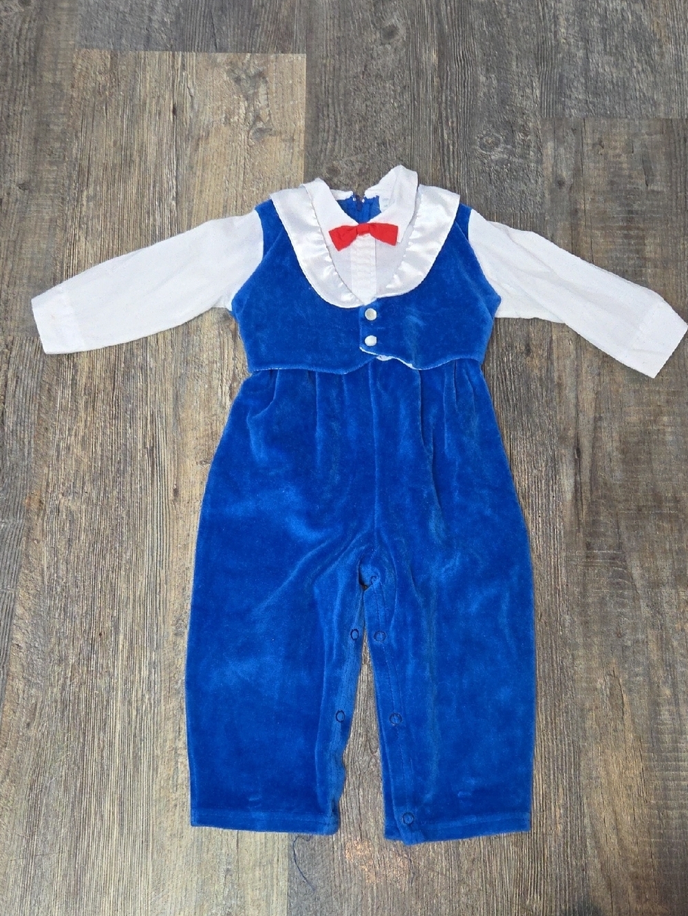 Vintage Blue and White Baby One-Piece with Red Bow